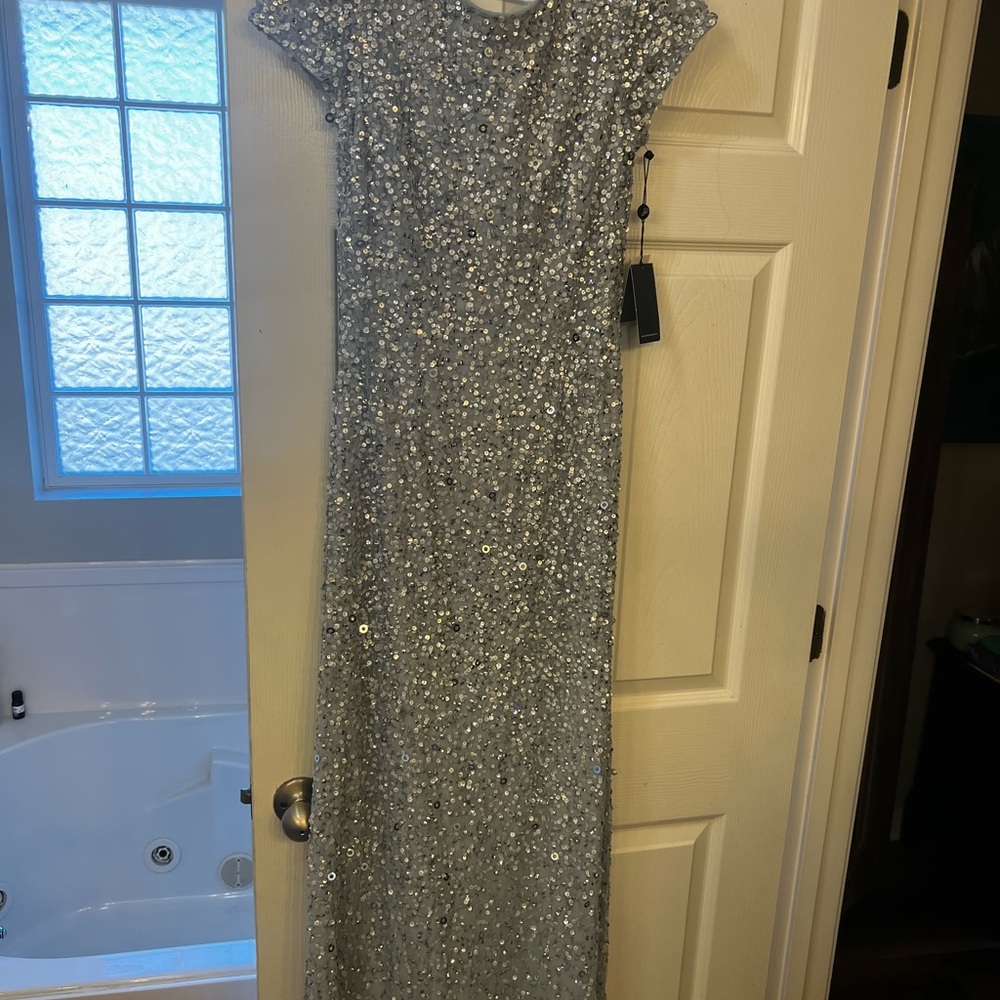 Adrianna Papell Silver Sequin Maxi Dress